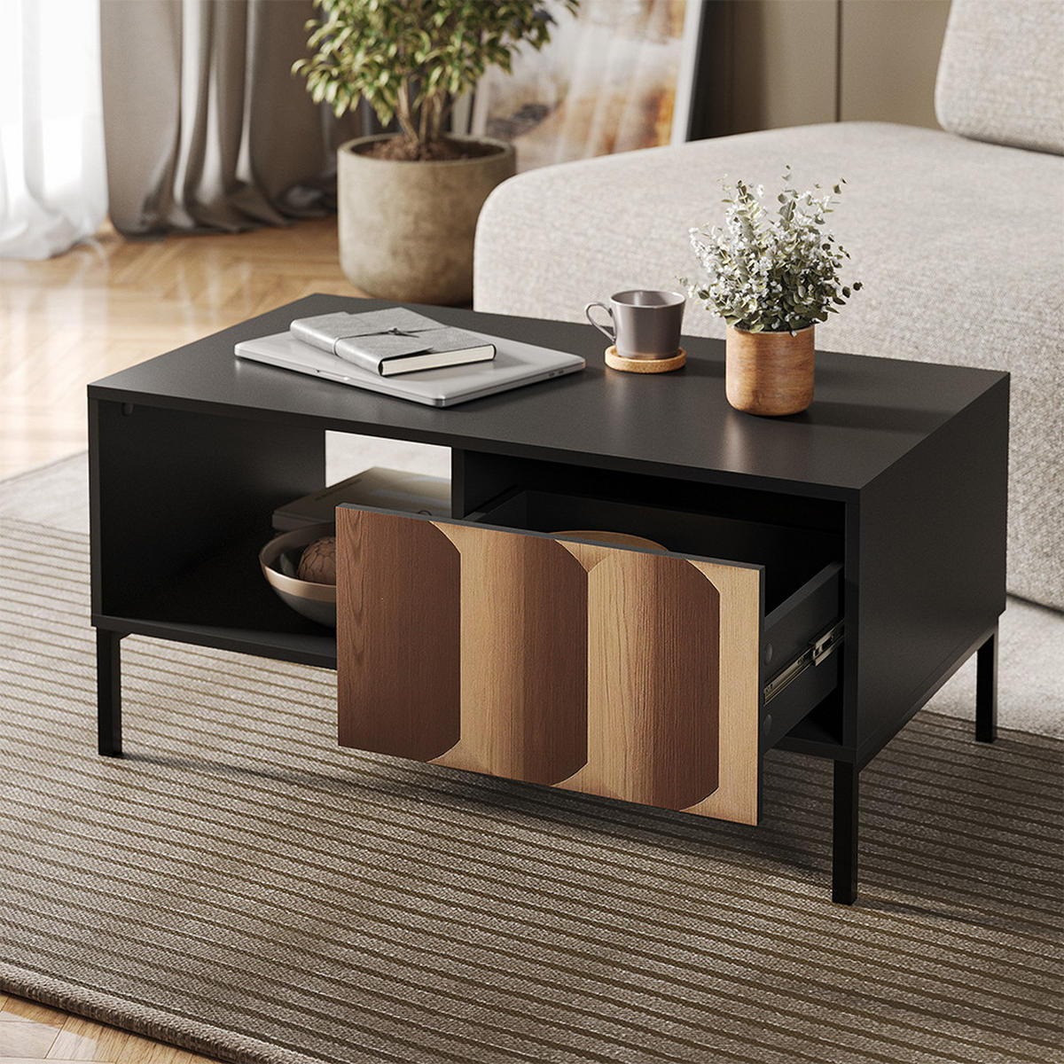 COUCHTISCH Eliza Schwarz/Eiche 90 x 50 cm mit Schublade - Eichefarben/Schwarz, Holzwerkstoff (50/90/45cm) - Vicco