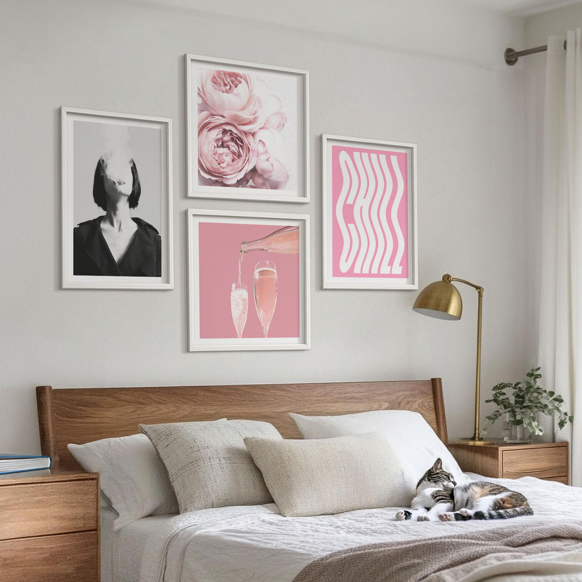 WANDBILDER 4er-Set - 50x50 cm & 40x60 cm Weißer Rahmen - Stilvolles Porträt mit Champagner - Weiß, Kunststoff (50/50cm) - ArtPrintCave
