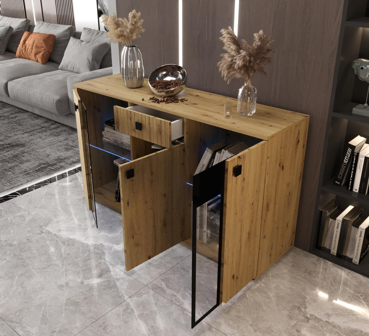 KOMMODE London LSMK LAMELE mit 3 Türen, Sideboard in Farbe: Braun, Größe: 140 x 80 x 40 cm - Braun, Holzwerkstoff (140/80/40cm) - O-Sofa