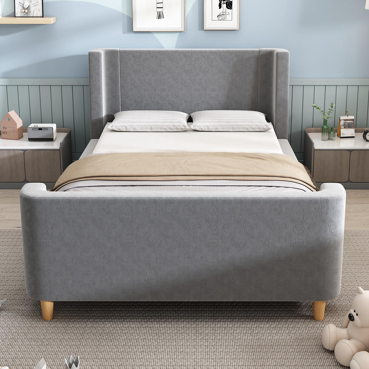 KINDERBETT Schlittenbett 90x200 cm Samt Grau - Grau, Holz (90/200cm) - Meubliv