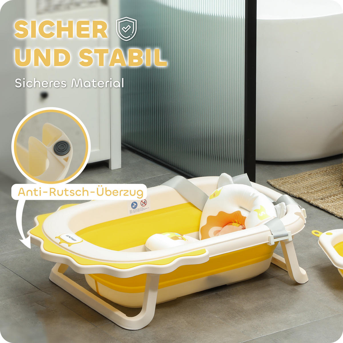 3ER -Set Babybadewanne, faltbar Baby Bathtub mit Löwenmustern, rutschfest - Gelb, Kunststoff (55/80.5cm) - AIYAPLAY