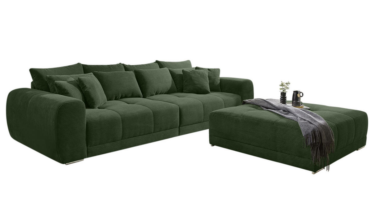 BIG-SOFA Federkern B306/T134/H86 cm, Liegefläche 120x240 cm, Cord Grün / 15172 - Chromfarben/Grün, Textil/Metall (306/86/134cm) - luma-home