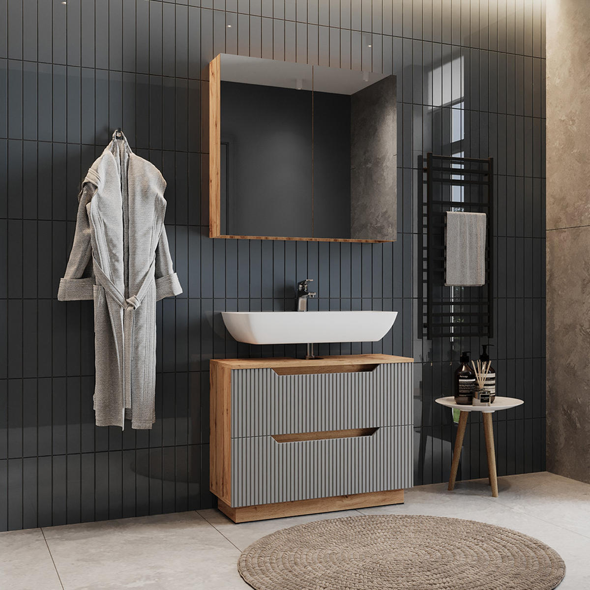 BADMÖBEL-SET Lotta Eiche/grau gestreift 2 Teile - Eichefarben/Grau, Holzwerkstoff (79.6/62.5/32cm) - Vicco