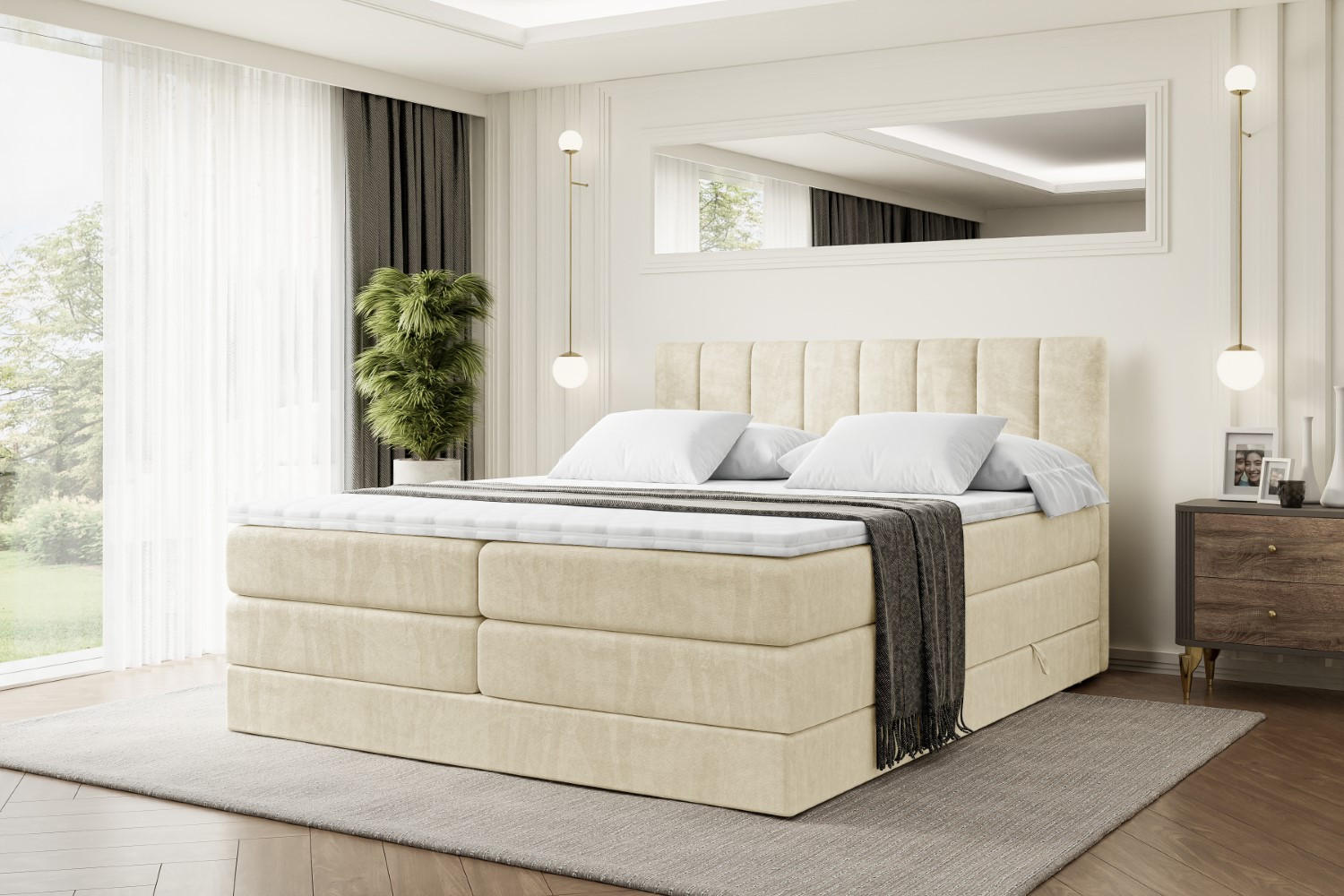 BOXSPRINGBETT OTTA KING - 200x200 - H3/H4 - Beige - Beige, Holzwerkstoff (200/200cm) - ALTDECOR