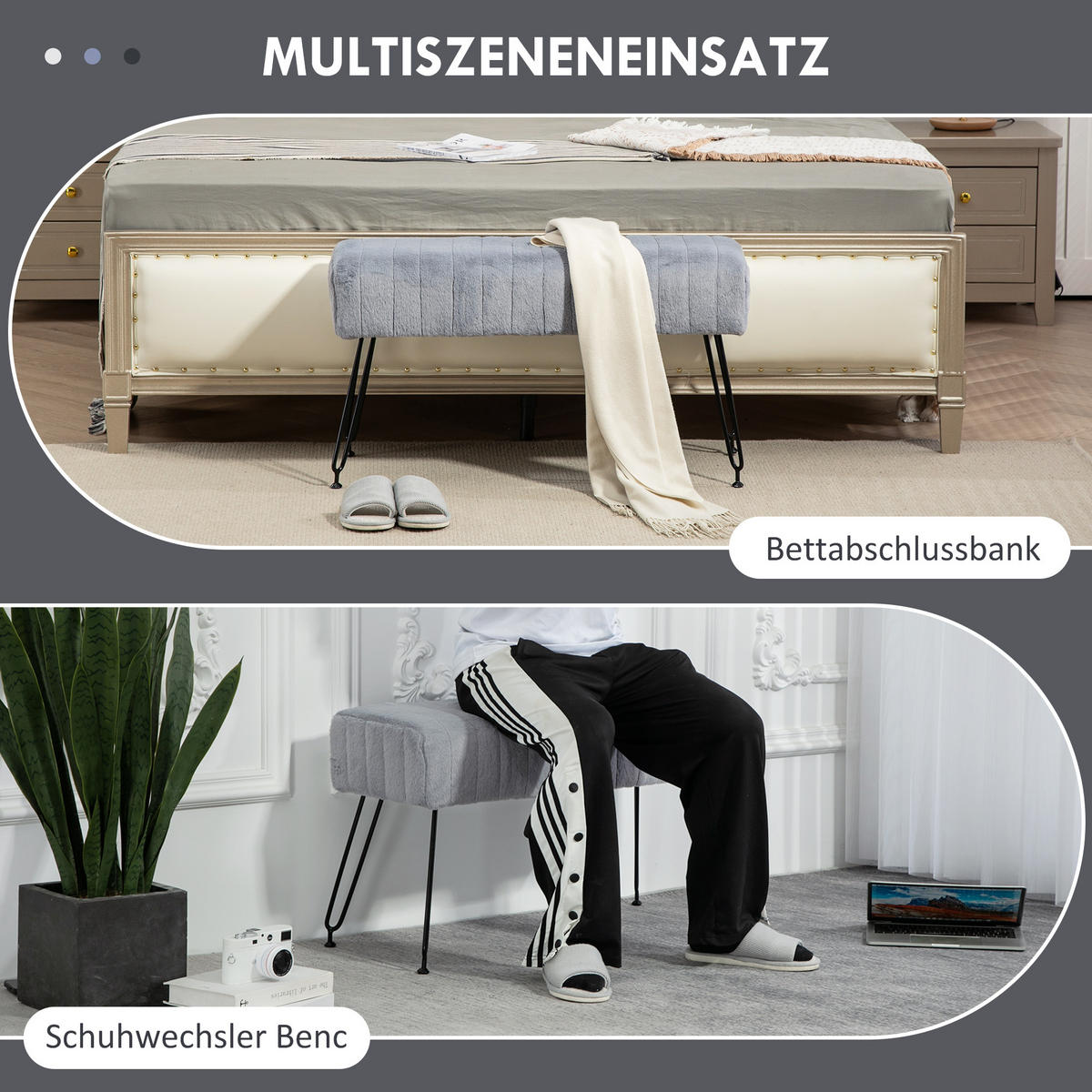 SITZBANK, Polsterbank mit Kunstfell-Optik, Metallbeine, Schuhbank für Flur Grau - Grau, Kunststoff (30/47/82cm) - HOMCOM