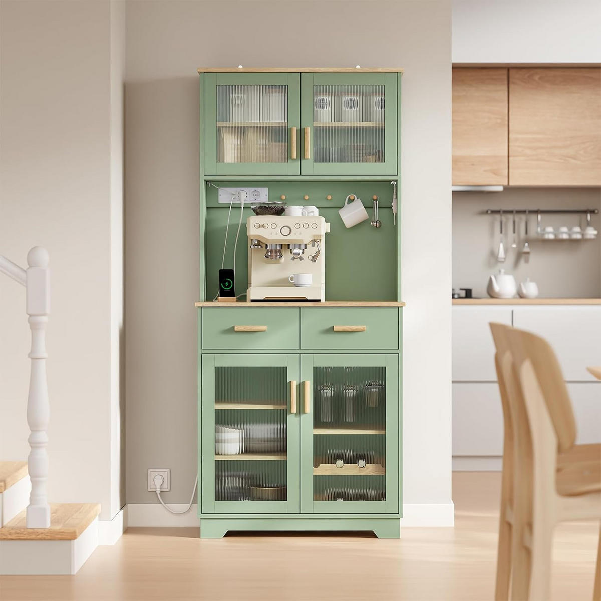 SIDEBOARD mit Weinregal und Glastüren, Küchenschrank Grün 80x40x180 cm - Grün, Glas/Holzwerkstoff (78/180/38cm) - SoBuy