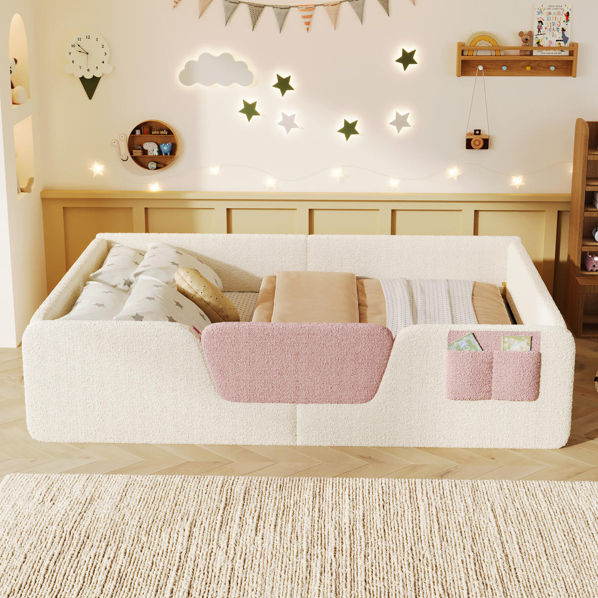 KINDERBETT 140/190 cm mit abnehmbaren Seitengittern, Stofftasche und Samtbezug, Beige - Beige, Textil (140/190cm) - Redom