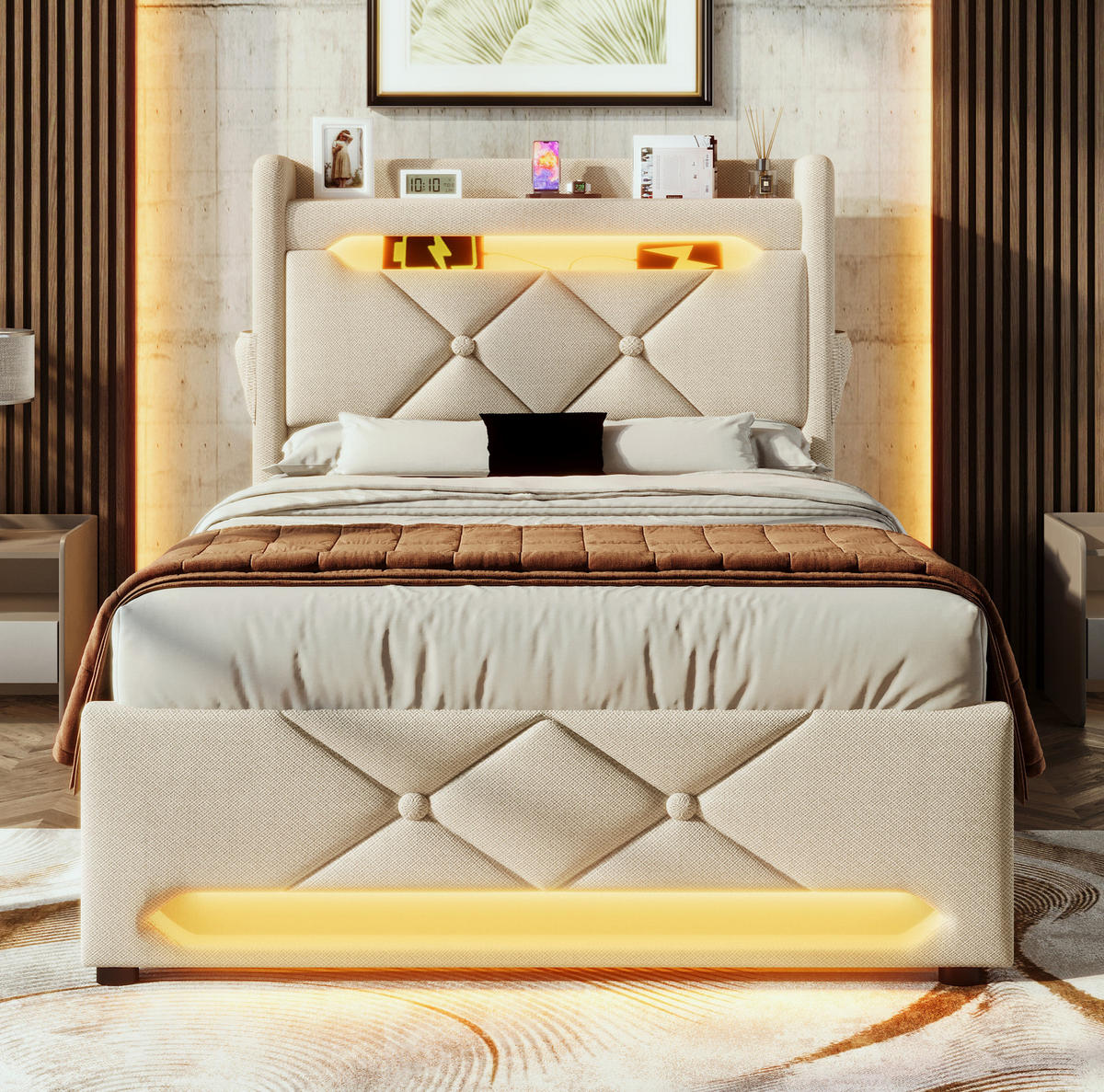 BETT mit LED, USB und Stauraum 90x200 cm Leinen Beige - Beige, Metall (90/200cm) - Meubliv