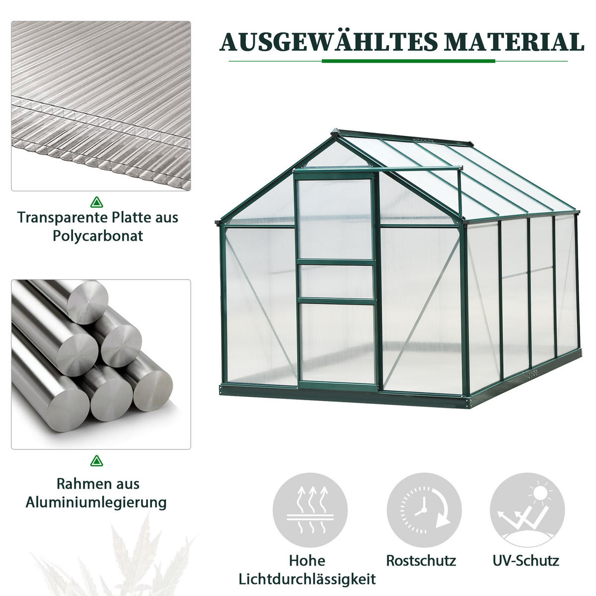 FOLIENGEWÄCHSHAUS, Grün+Transparent, Aluminiumlegierung, Polycarbonat - Grün, Metall (252/201/190cm) - Outsunny