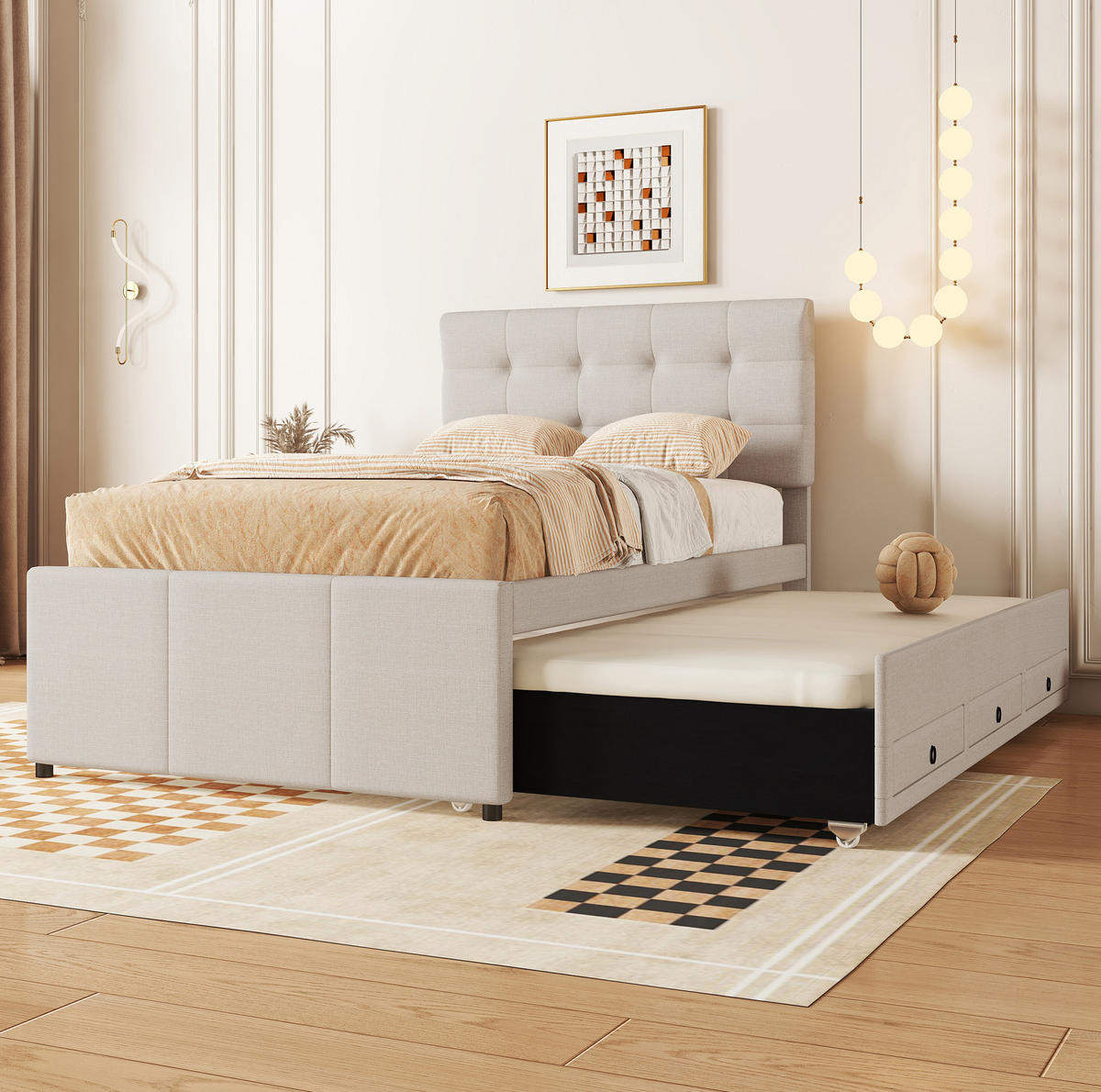 POLSTERBETT aus Leinen 90x200 cm in Beige mit Ausziehbett & 3 Schubladen - Beige, Textil (90/200cm) - Modfu