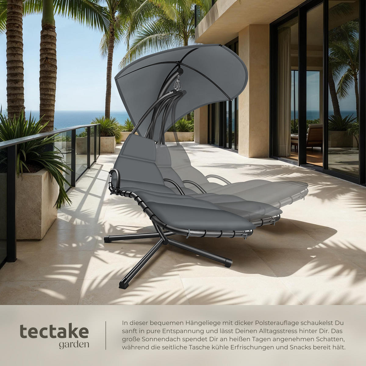HÄNGELIEGE Elaria,195 x 132 x 197 cm, mit Seitentasche,grau - Grau, Textil (132/197/195cm) - tectake
