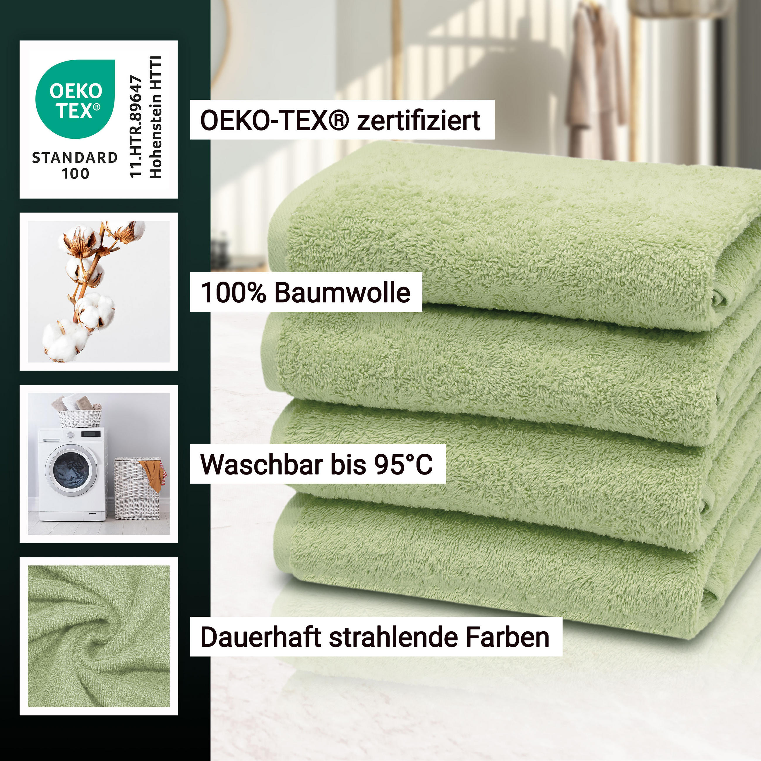 HANDTÜCHER, 4er-Set, 50x100 cm, 100% Baumwolle, Grün - Hellgrün, Textil (50/100cm) - Zollner