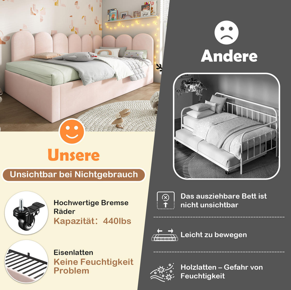 POLSTERBETT aus Samt 90x200 cm in Rosa mit Ausziehbett - Rosa, Textil (90/200cm) - Modfu