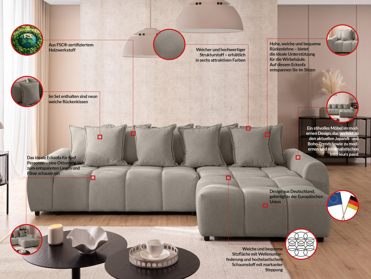 ECKSOFA Bubble mit losen Rückenkissen und Sitzfläche in Bubble-Optik aus weichem Taupe Strukturstoff mit schöner Sitzkomfort - Ottomane rechts - Taupe/Schwarz, Holz/Kunststoff (306/180cm) - S-Style Möbel