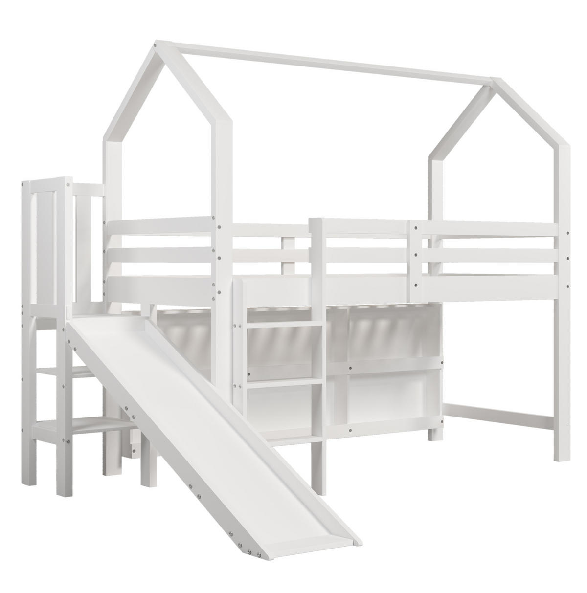 KINDEREINZELBETTEN aus Massivholz und MDF 90x200 cm in Weiß mit Rutsche & Stauraum - Weiß, Holzwerkstoff (90/200cm) - Modfu