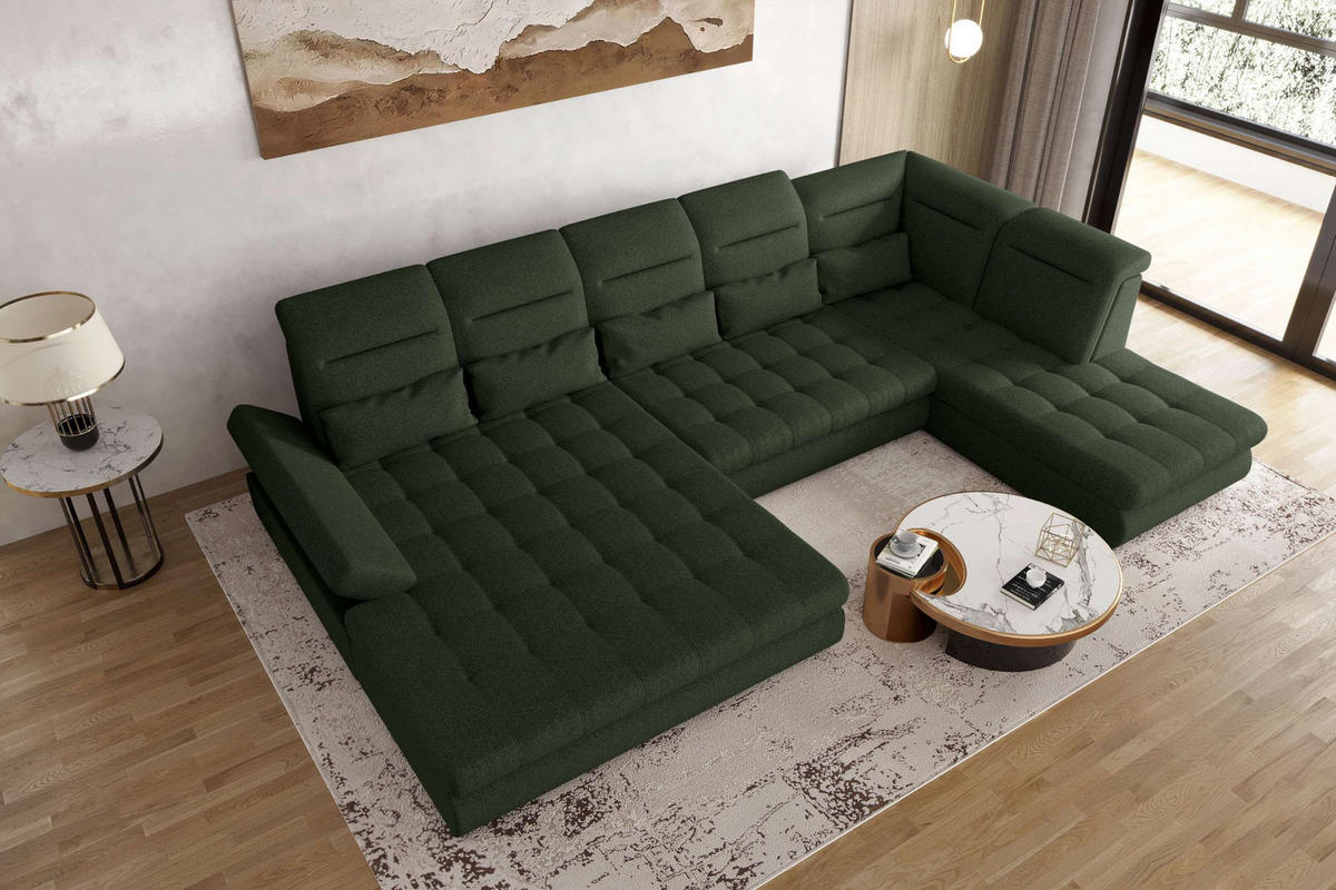 WOHNLANDSCHAFT Toscana Velours inkl. Schlaffunktion - Olivgrün, Textil (208/87/358cm) - 99rooms