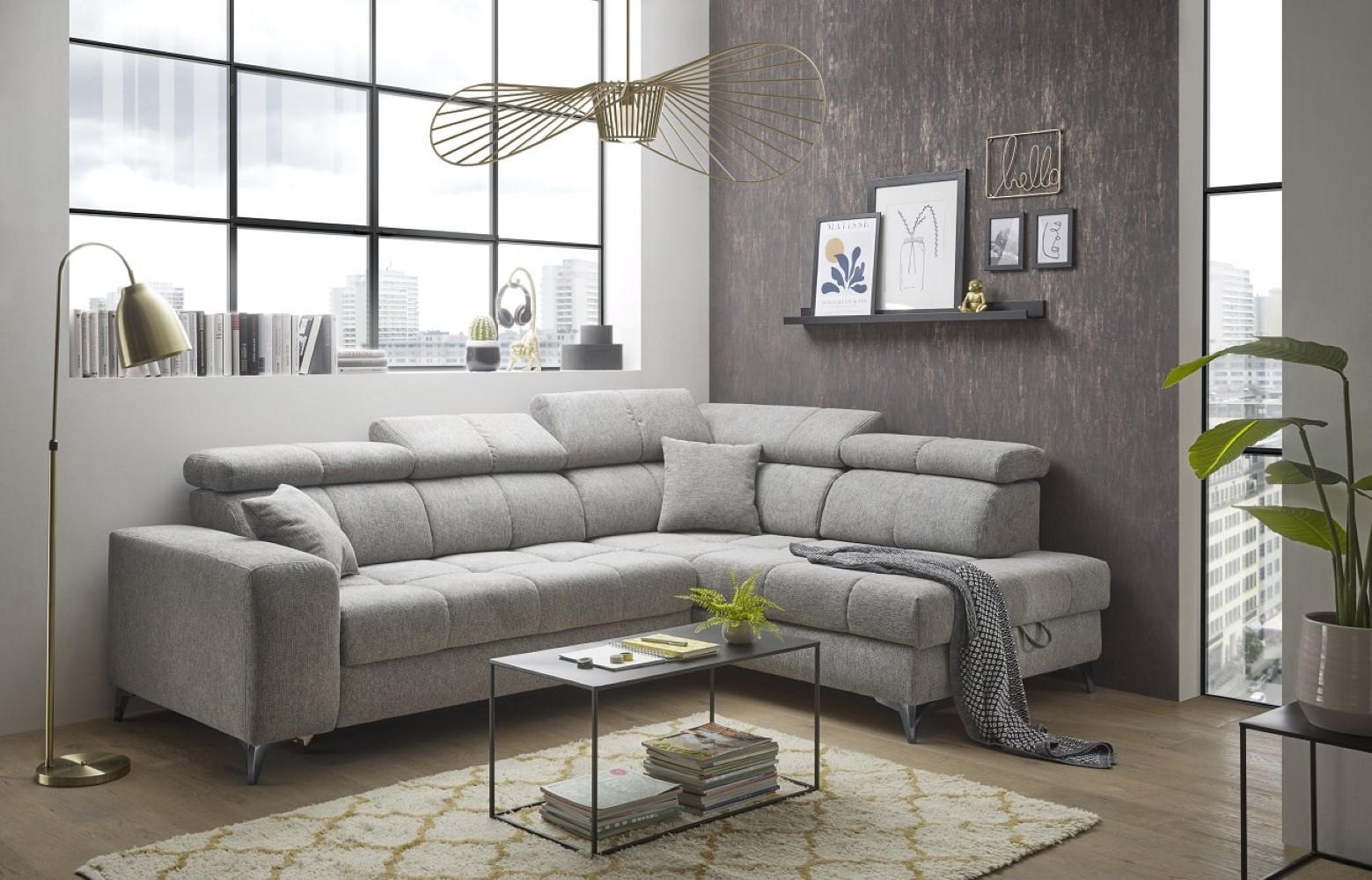 ECKSOFA mit Schlaffunktion und Bettkasten, Luxus-Mikrofaser - Taupe/Schwarz, Textil/Metall (198/282cm) - ed exciting design