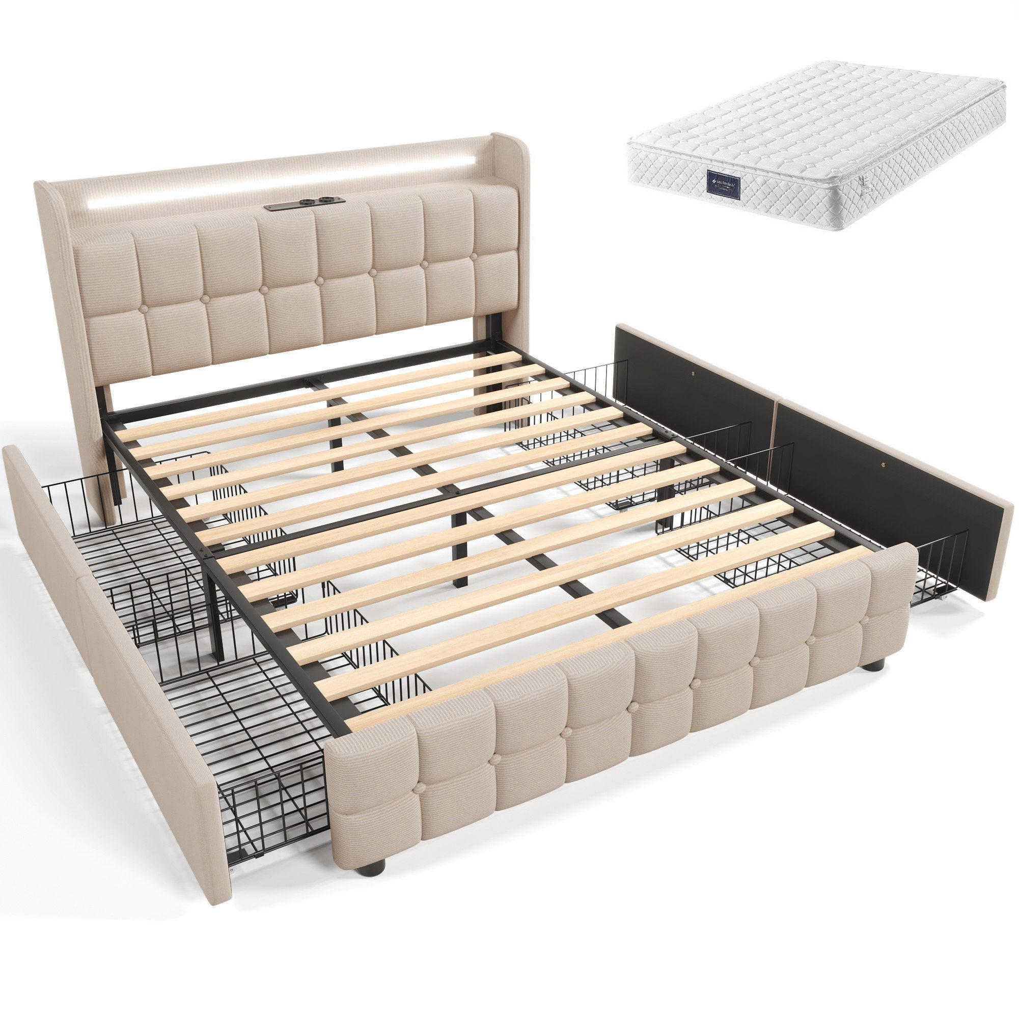 POLSTERBETT mit USB-Ladefunktion, Kopfteil und LED-Beleuchtung - Beige, Textil (160/200cm)