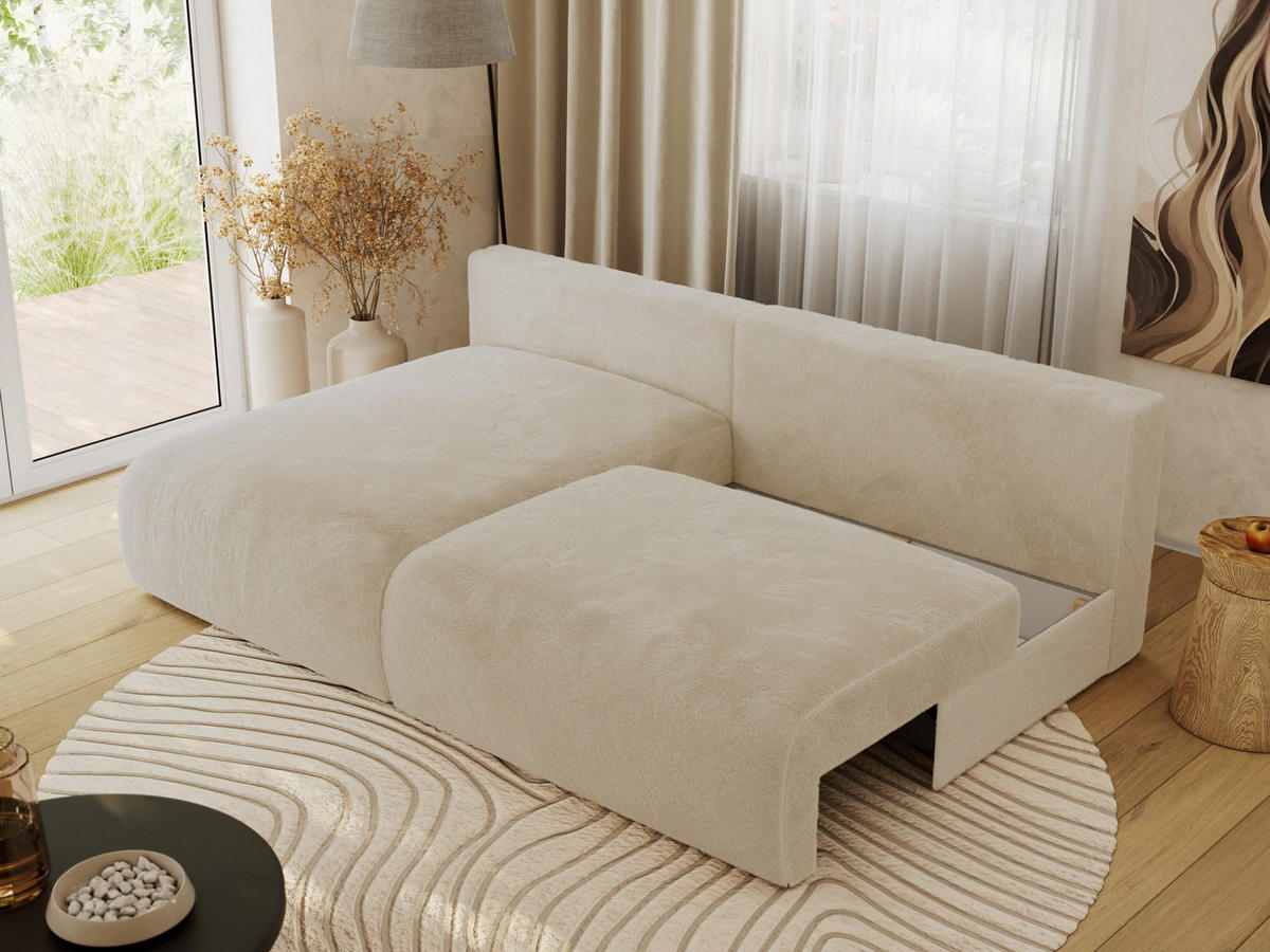 ECKSCHLAFSOFA VIVO L Creme Plüsch - links - Creme/Schwarz, Kunststoff/Textil (223/150cm) - MKS