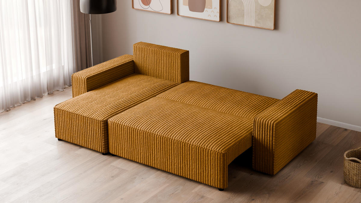 ECKSOFA Tobi mit Bettkasten und Schlaffunktion, L-Form, Cordstoff, Universal - Currygelb, Holzwerkstoff (246/145cm) - 4ALL HOME