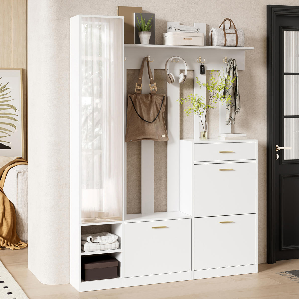 GARDEROBESET mit Spiegel Schuhschrank Haken Weiß Modern - Weiß, Holzwerkstoff (133/180/23.5cm) - FLIEKS