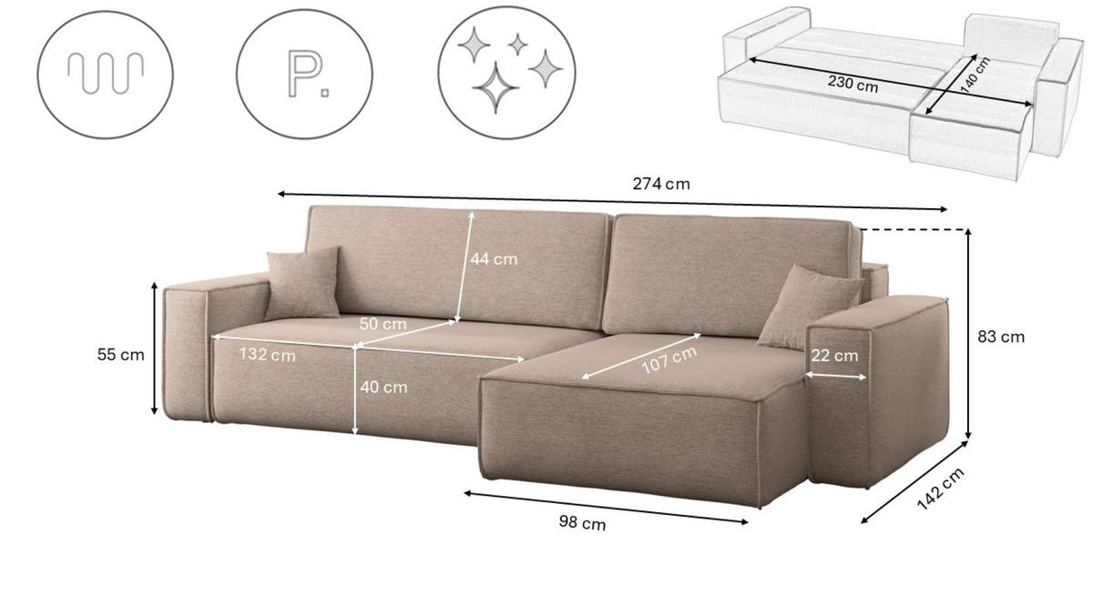 ECKSOFA Mit Schlaffunktion Und Bettkasten, Eckcouch Best XL Stoff Verita Warmbeige Rechts - Sandfarben, Holz (274/145cm) - Kaiser Möbel