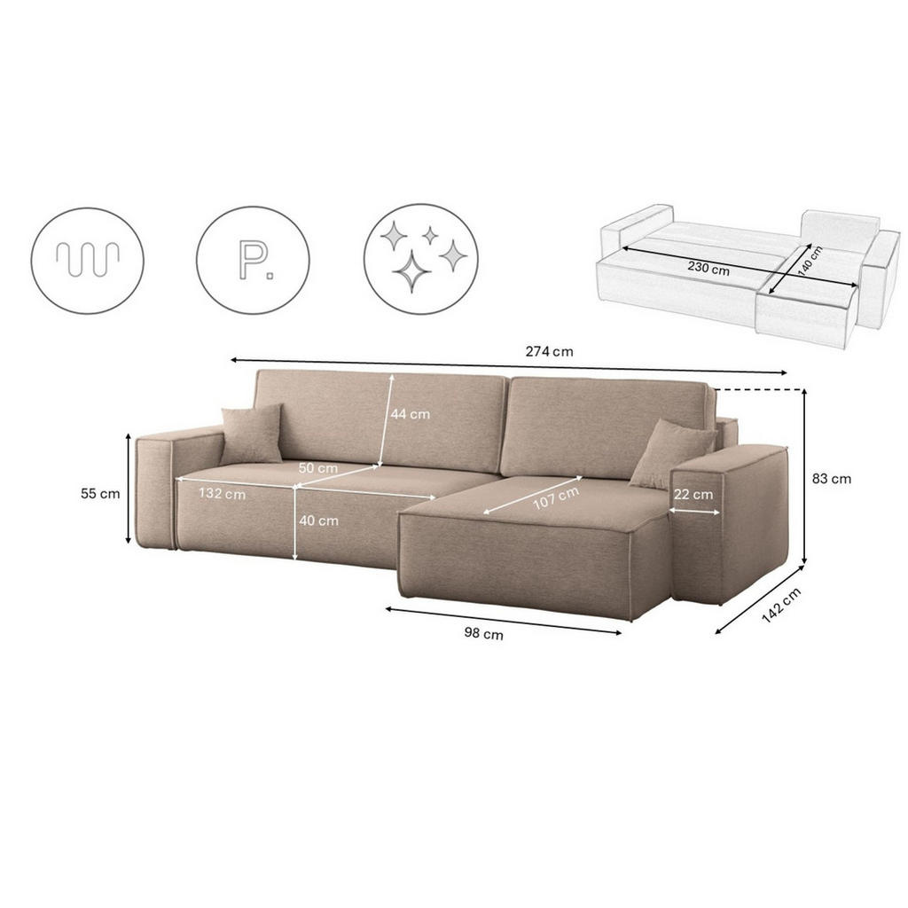 Thumbnail - Kaiser Möbel Ecksofa, Sand, Holz, 4-Sitzer, Füllung: Komfortschaum,Komfortschaum, L-Form, 274x145 cm, Wohnzimmer, Sofas ...