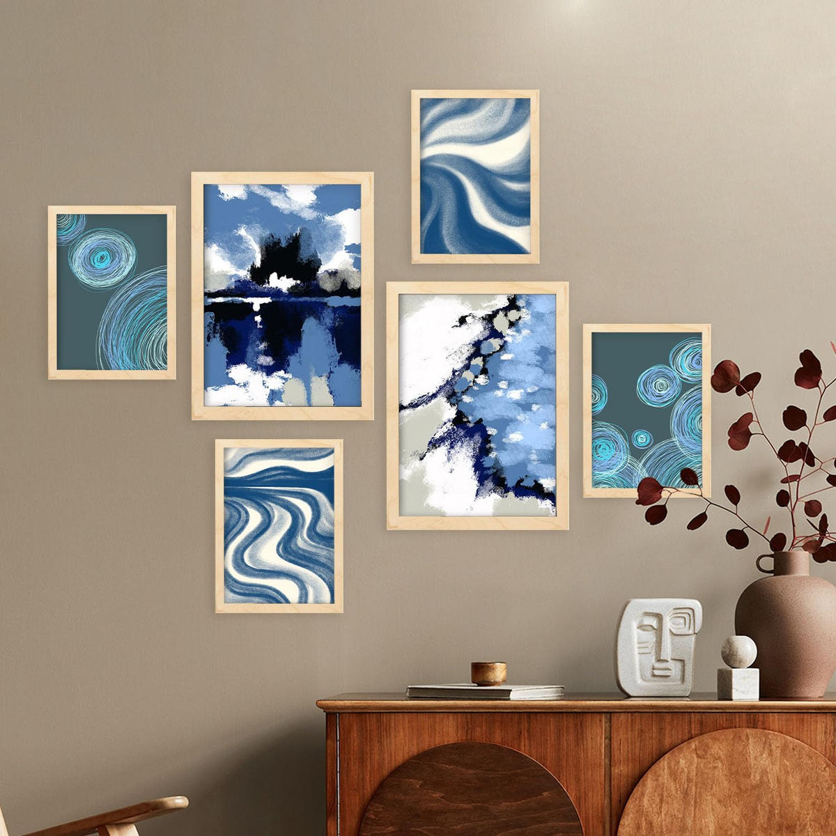 POSTER Set Mit 6 Blau Alte Koffer In Kulissen Abstracts Ästhetische Dekorative Gemälde Für Ihr Wohnzimmer Zuhause A3 & A4 Rahmen Aus Hellem Holz - Beige, Papier (29/3cm) - Nacnic