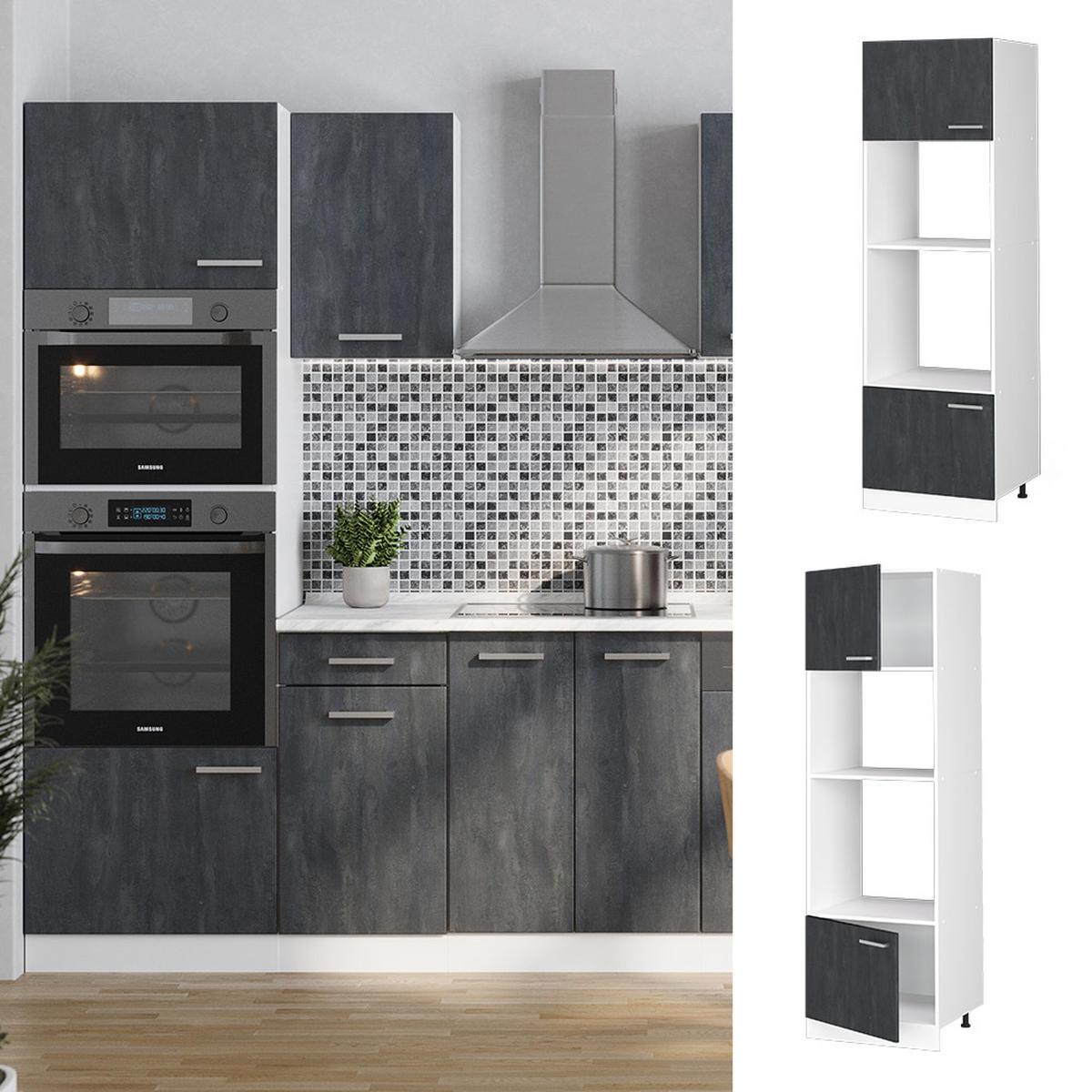 MIKROWELLENSCHRANK R-Line Schwarz Beton 60 cm ohne Arbeitsplatte - Schwarz/Weiß, Holzwerkstoff (60/206.8/57.2cm) - Vicco