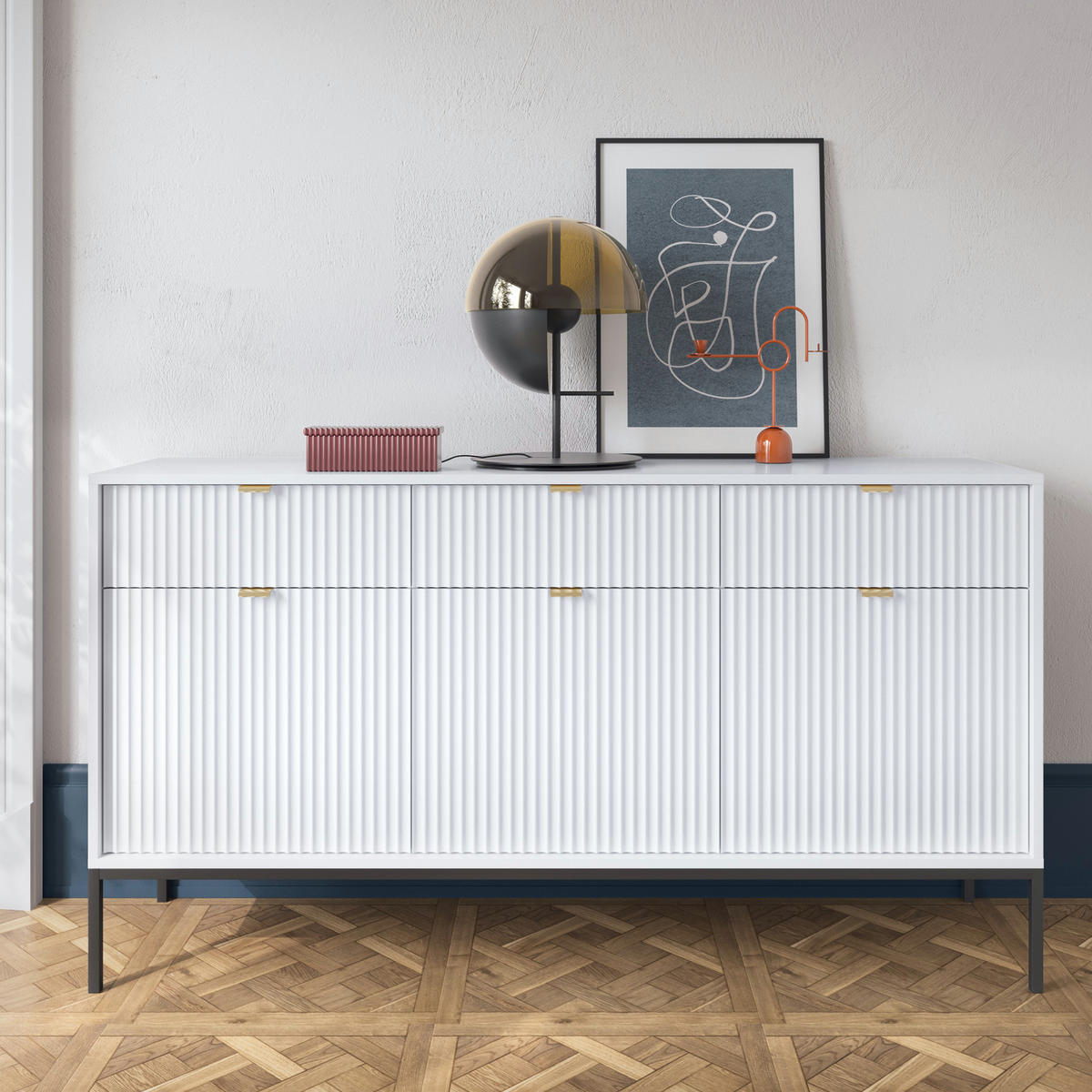 SIDEBOARD NANAIMO KOM3-3D3S Profilierte Fronten, Weiß - Weiß, Holzwerkstoff/Kunststoff (154/83/39cm) - Komodee