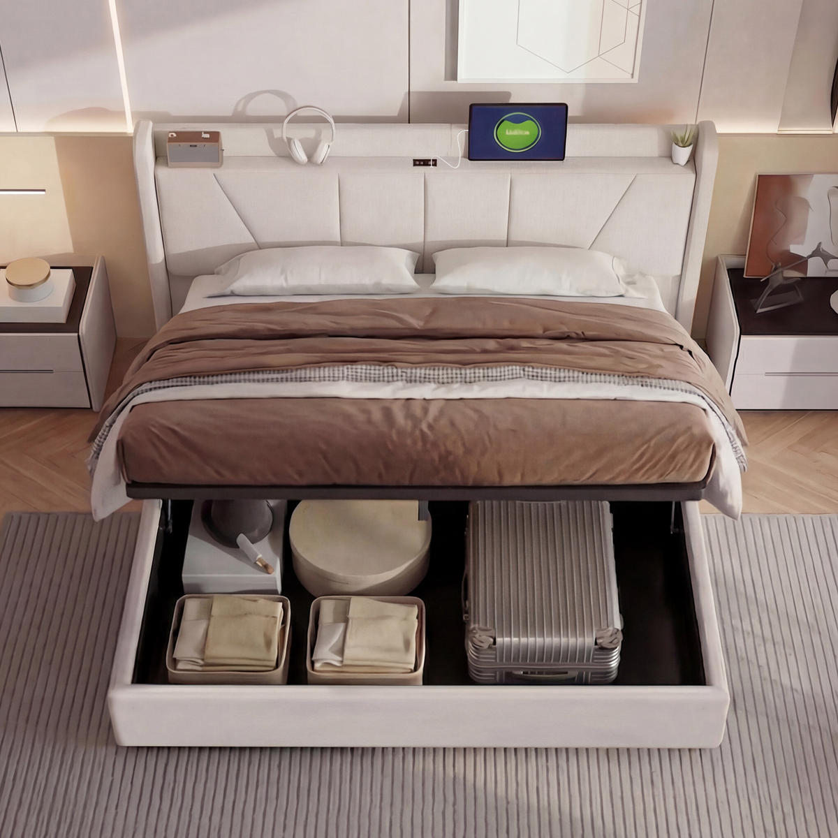 KLÄDD säng 160/200 cm beige med sänglåda och USB-portar - Beige, Trä (160/200cm) - SHOPENTRA