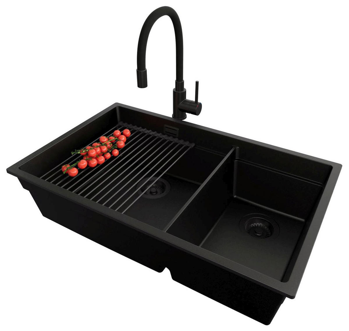 GRANITSPÜLE Praga Slim Duo, 2-er set Schwarz 76/47 cm 2 Becken + Küchenarmatur 40/38 cm + Ablauf-Set + Aufrollbare Abtropffläche ab 80er Unterschrank - Schwarz, Kunststoff (76/20/47cm) - Primagran