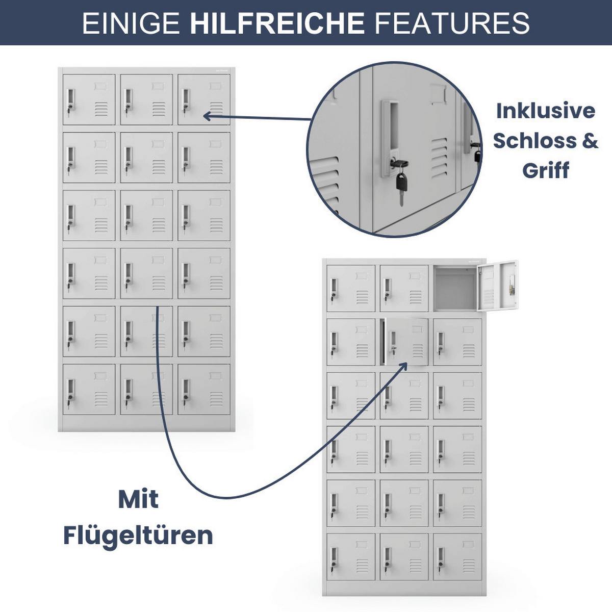SCHLIESSFACHSCHRANK Spind BERN 18 Fächer185x90x40cm Grau - Grau, Metall (90/185/40cm) - DELUKE