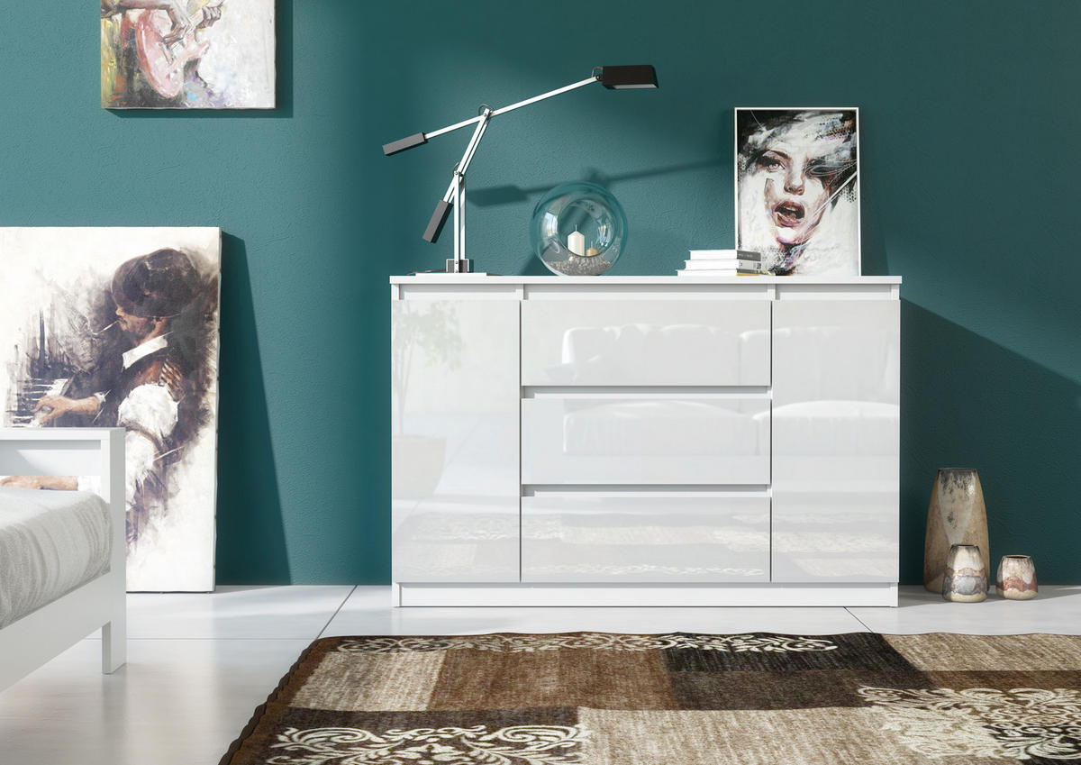 KOMMODE NUDO 120/78,5/39cm mit 3 Schubladen 2 Türen Weiß - Weiß Hochglanz/Weiß, Holzwerkstoff (120/78.5/39cm) - MASSENO