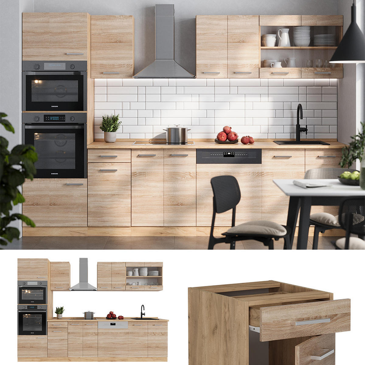 KÜCHENZEILE R-Line Sonoma/Goldkraft Eiche 300 cm mit Hochschrank, ohne Arbeitsplatte - Honigeiche/Sonoma Eiche, Holzwerkstoff (300/81.6/46cm) - Vicco