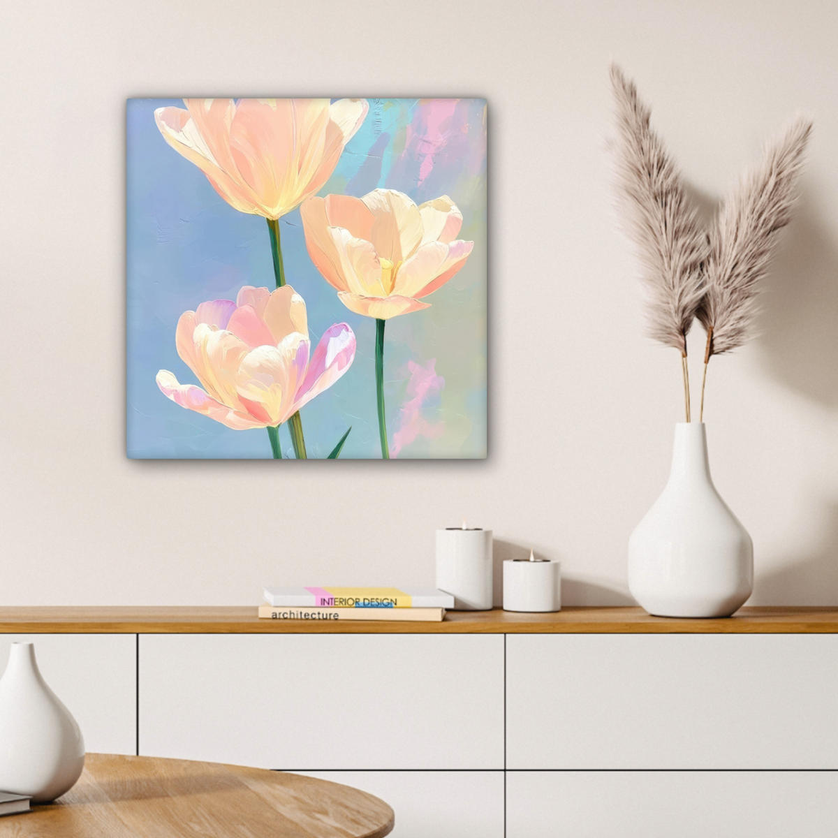 LEINWANDBILD Tulpen - Rosa Akzente - Blau Wandbild Wohnzimmer 50x50 cm - Pastellblau, Textil (50/50cm) - MuchoWow