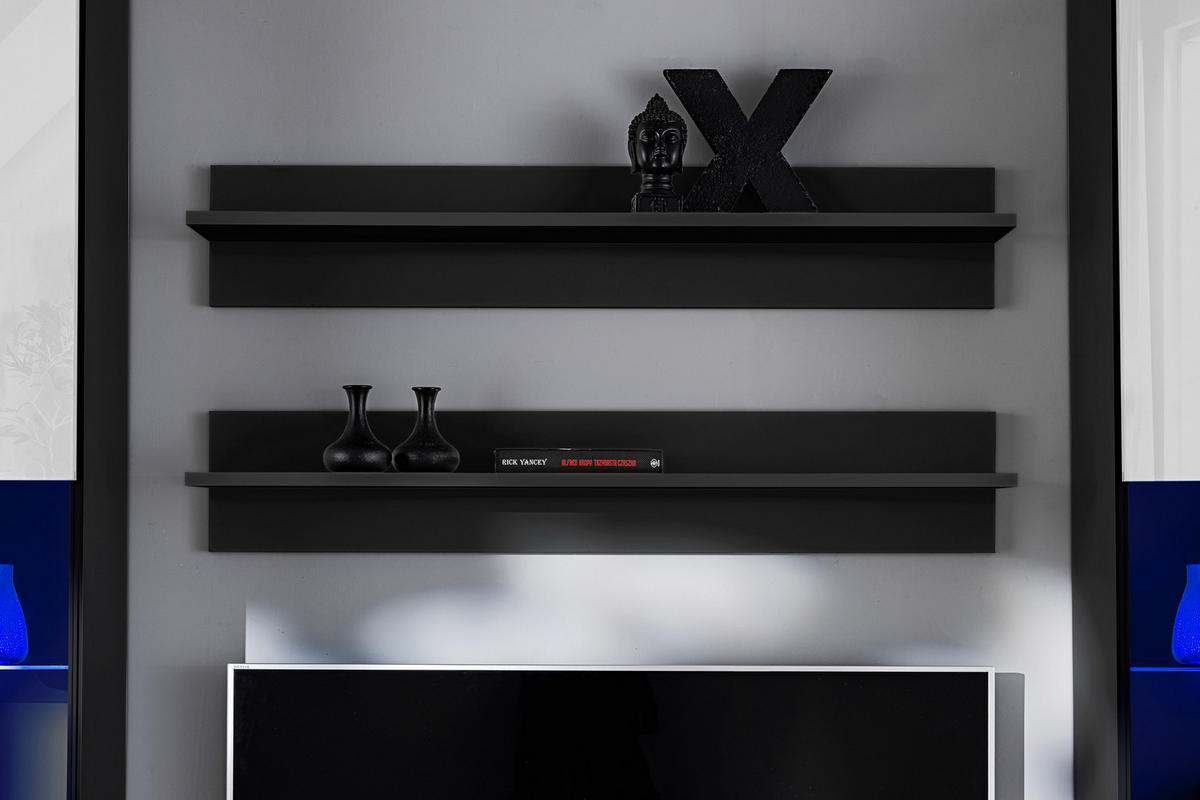 WOHNZIMMERSET VARALLO, 6er-Set, Schwarz, Front Hochglanz Weiß , LED Blau - Schwarz/Weiß, Glas/Holzwerkstoff (200/190/45cm) - Komodee