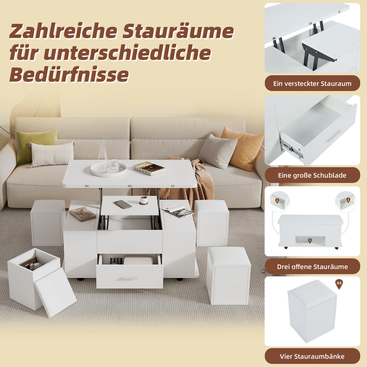 COUCHTISCH Höhenverstellbar 4-in-1 Weiß mit Schubladen 4 Hocker - Weiß, Holzwerkstoff (100/50/45cm)