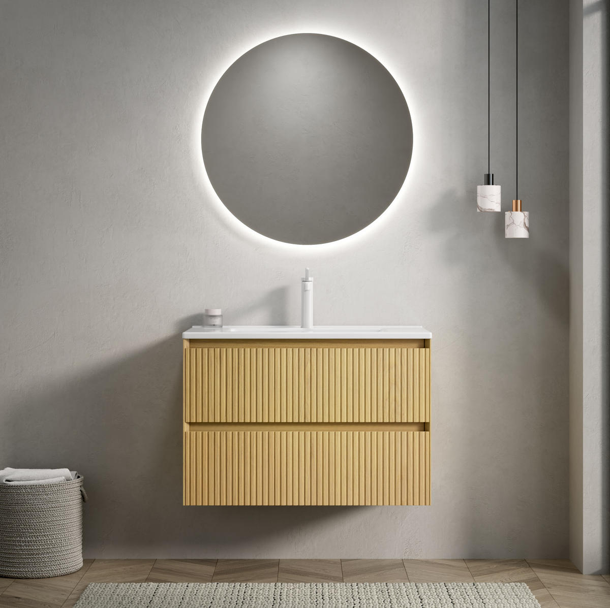 WASCHTISCHKOMBI 75 cm mit 2 Schubladen in Goldeneiche und Weiß - Eichefarben, Keramik (75/51.5/39cm) - BEAOK