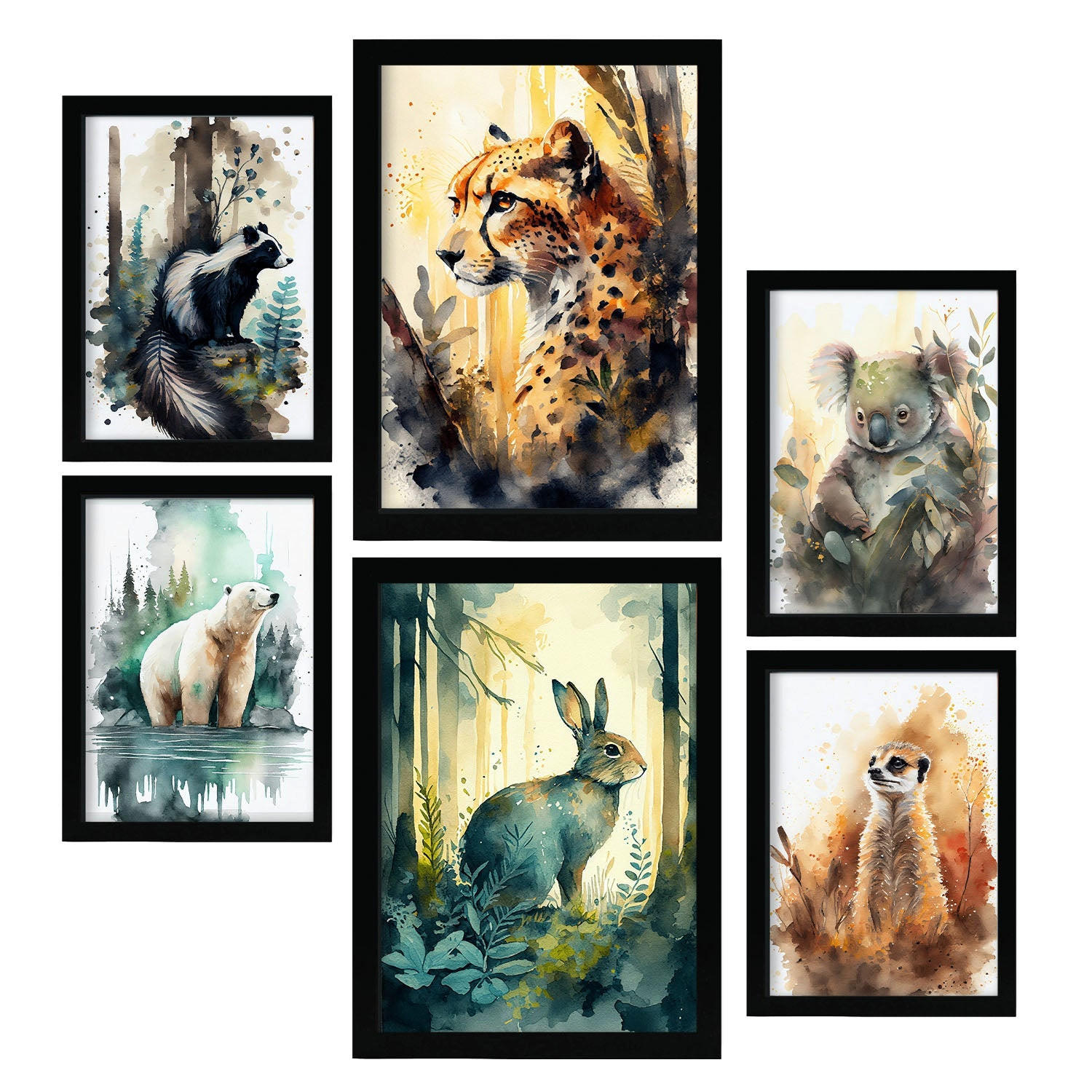 POSTER Set Mit 6 Tiefer Wald Illustrationen Von Tieren In Naturlandschaften, Realistischer Aquarellstil Innenarchitektur A3 & A4 Schwarzer Rahmen - Schwarz, Papier (29/3cm) - Nacnic