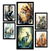 POSTER Set Mit 6 Tiefer Wald Illustrationen Von Tieren In Naturlandschaften, Realistischer Aquarellstil Innenarchitektur A3 & A4 Schwarzer Rahmen - Schwarz, Papier (29/3cm) - Nacnic