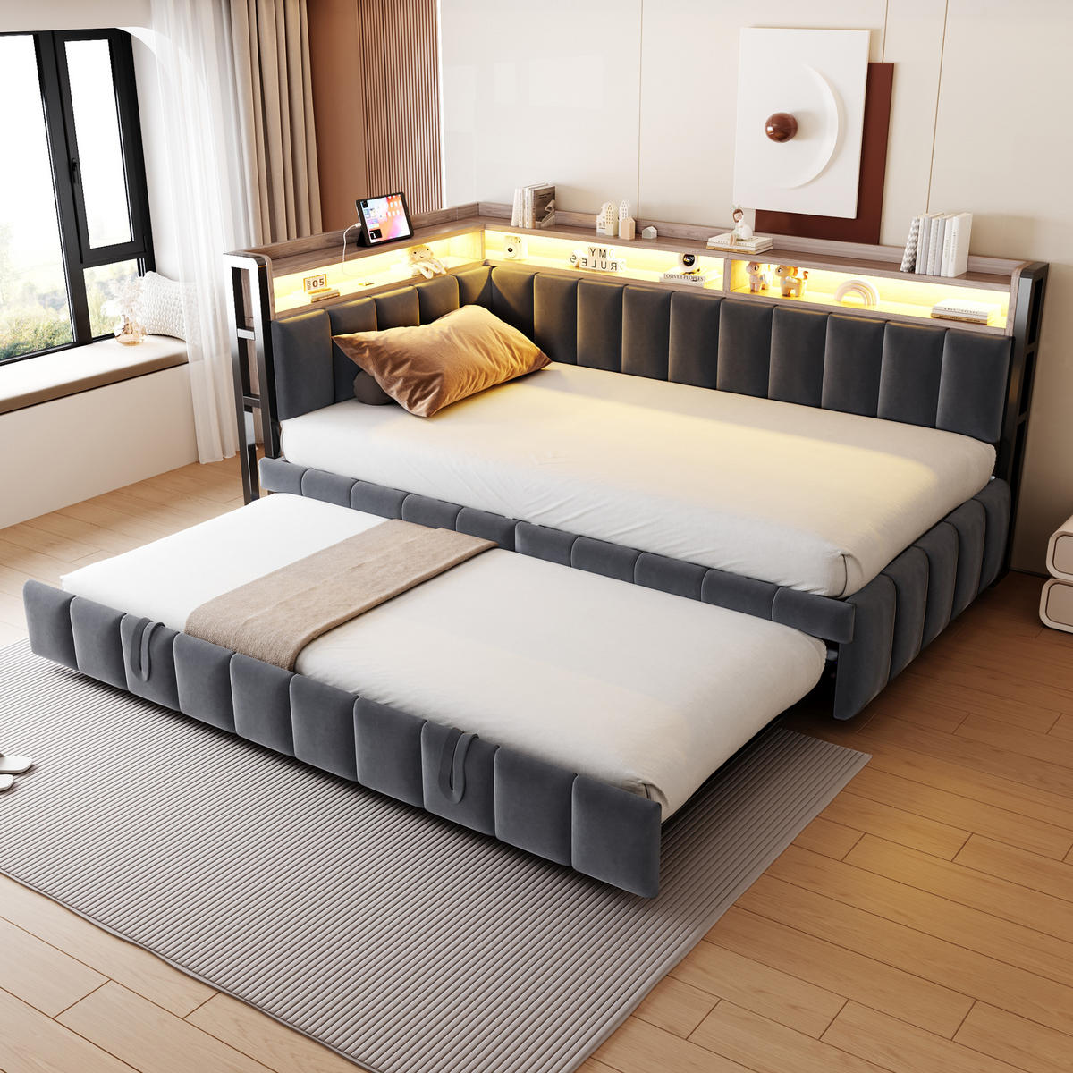 POLSTERBETT 90x200 Dunkelgrau Samt LED USB - Grau, Textil (90/200cm) - FLIEKS