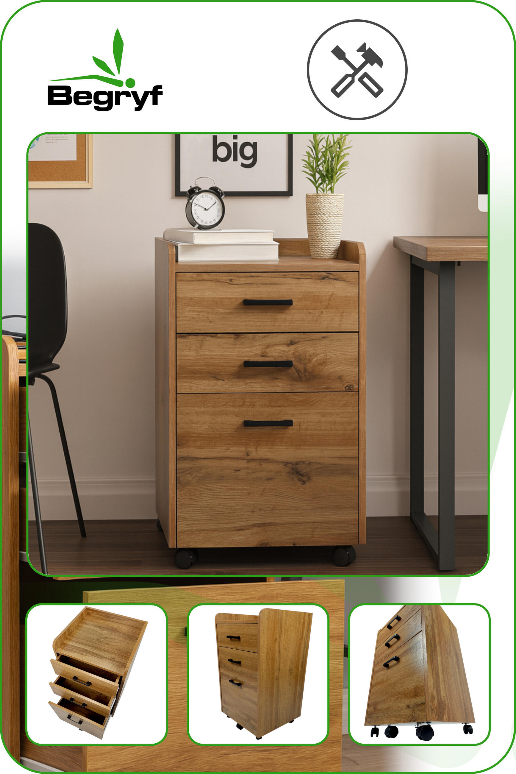 ROLLCONTAINER Holzoptik Erlefarben 3 Schubladen 42x40x72 cm - Erlefarben, Holzwerkstoff/Metall (42/72/40cm) - Begryf