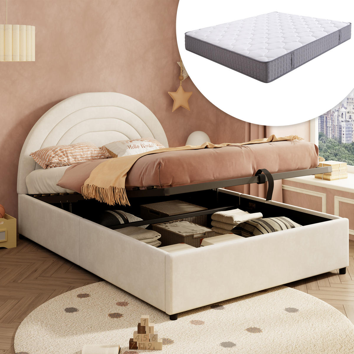 POLSTERBETT Beige Samt 140x200 Matratze Lattenrost Kopfteil - Beige, Textil (140/200cm) - FLIEKS