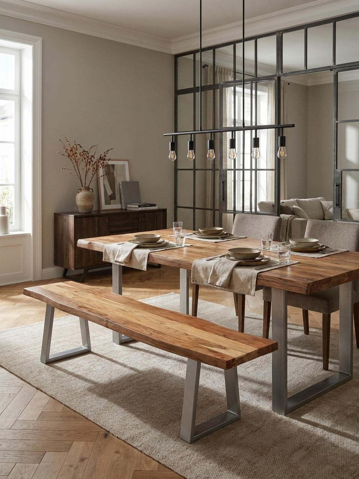 ESSZIMMERBANK Massivholz Metall Baumkante Chromgestell, Akazie 180x40x46 cm - Silberfarben/Braun, Holz/Metall (180/46/40cm) - KADIMA DESIGN
