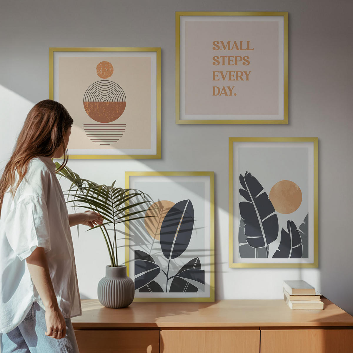 BILDER SET 4er Set - 50x50 cm & 40x60 cm Goldrahmen - Pflanzenmuster große minimalistische Sonnen - Goldfarben, Kunststoff (50/50cm) - TULUP
