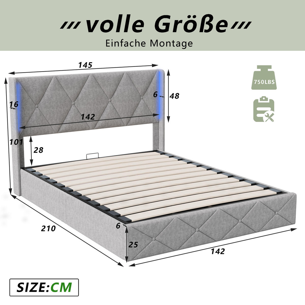 POLSTERBETT 140x200 cm, Grau, LED-Beleuchtung - Grau, Textil/Metall (140/200cm)