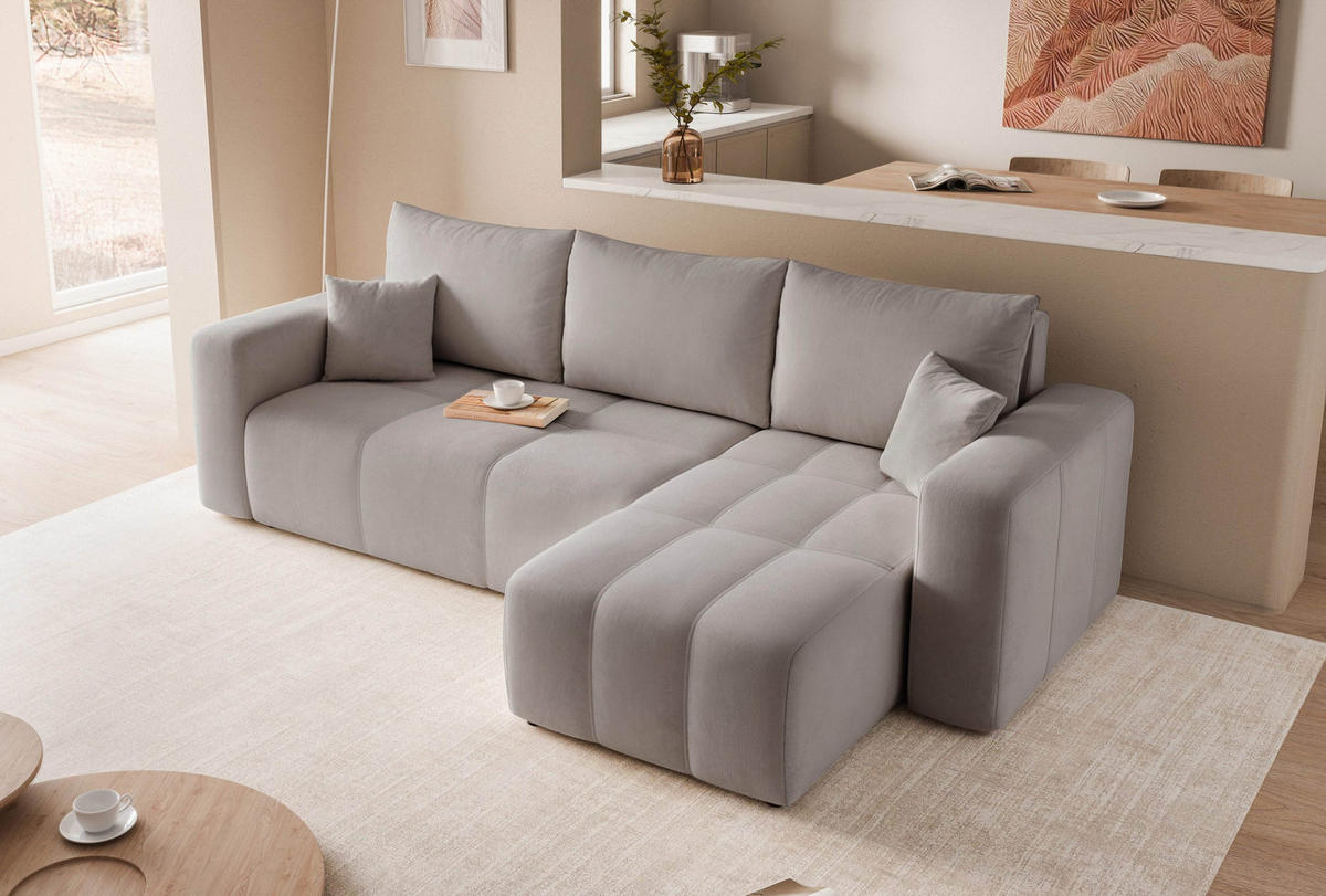 ECKSOFA Grau Velours mit Bettkasten und Schlaffunktion - Grau, Textil (248/145cm) - Idohome