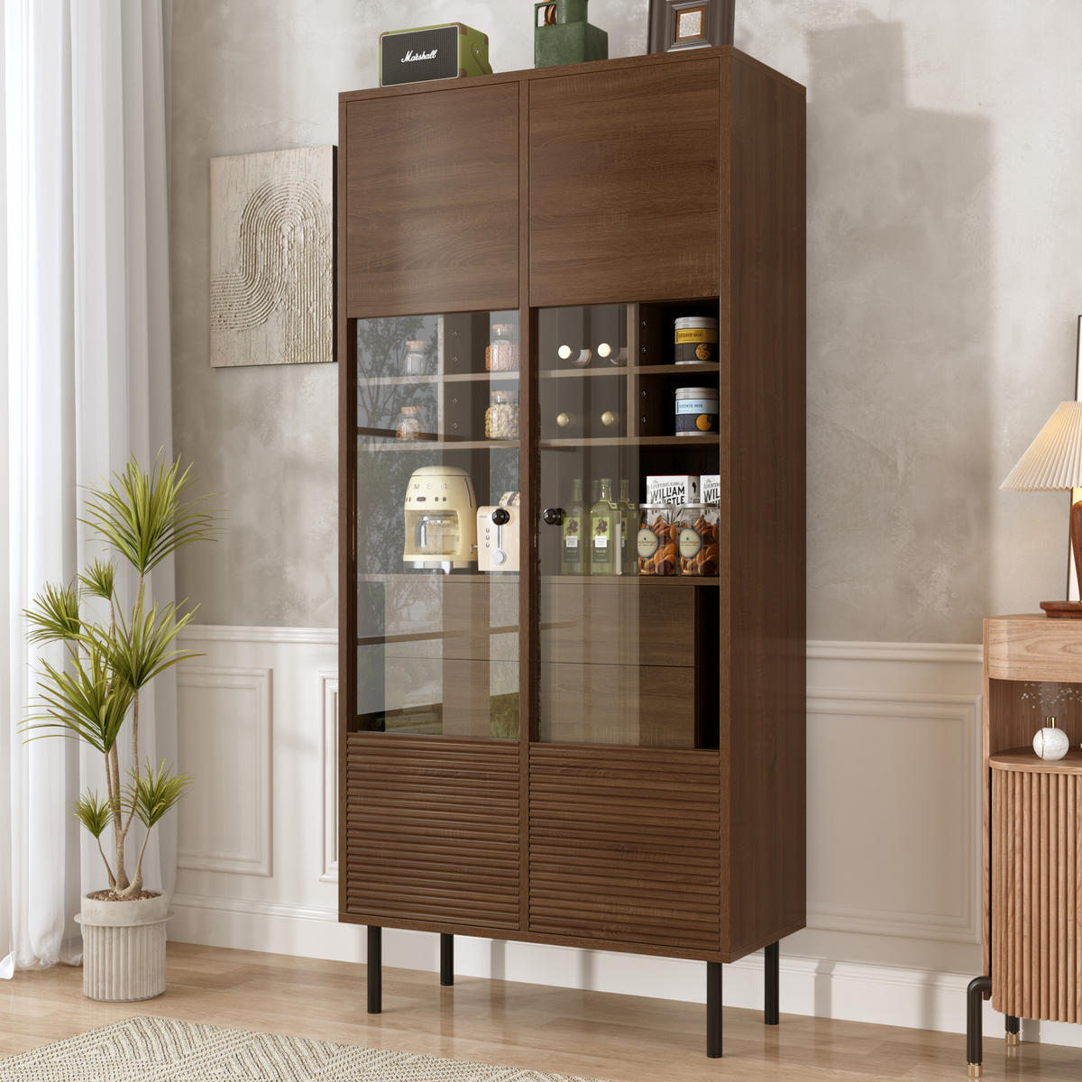 VITRINE 75.5x35x164.5cm in Holz mit Glasfront & Schubladen - Walnussfarben, Holzwerkstoff (75.5/164.5/35cm) - Modfu