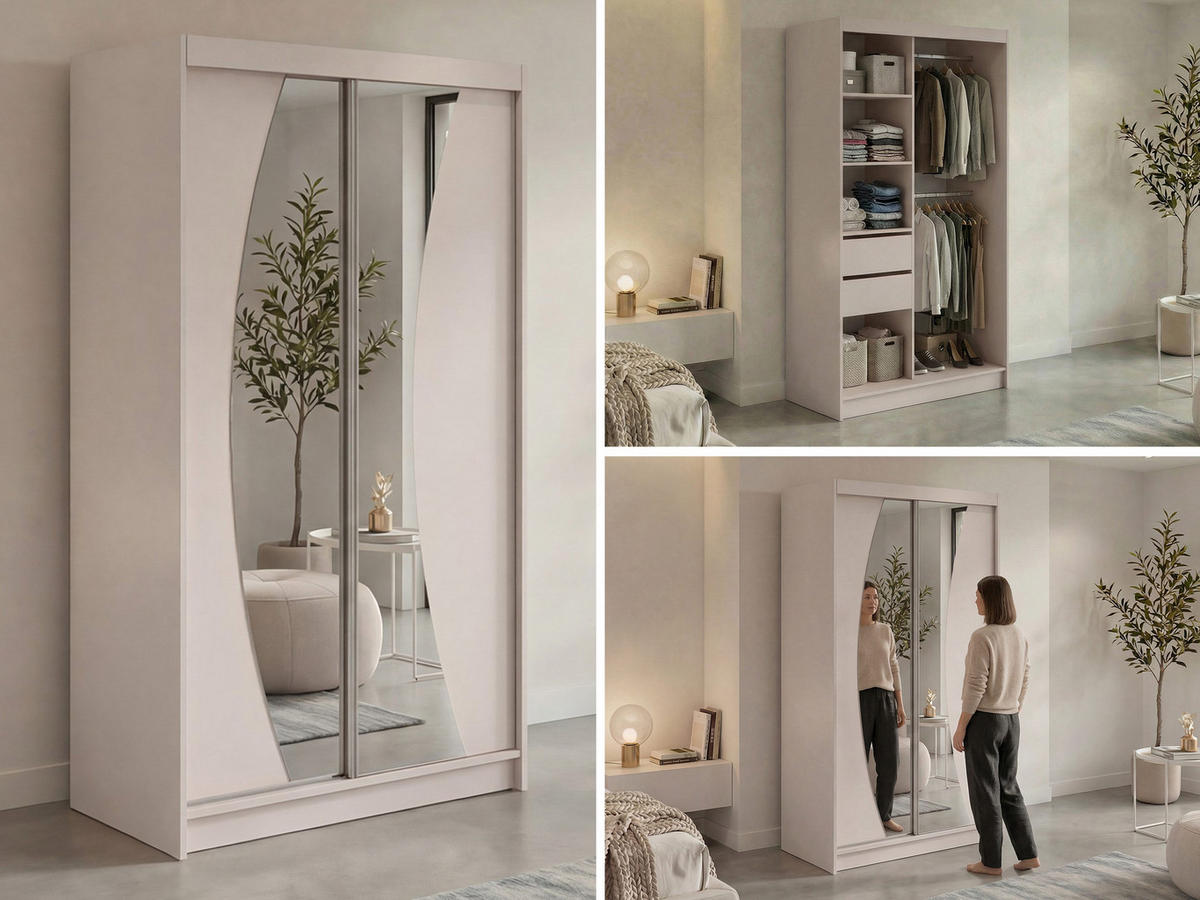 SCHWEBETÜRENSCHRANK mit Schubladen 120 - VERONA - Kaschmir mit Spiegel - Kaschmir/Alufarben, Holzwerkstoff/Metall (120/216/61cm) - MKS